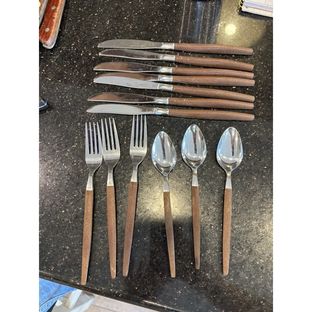 Vtg Lot of 11 Ekco Eterna Forged Stainless Spoons Knives‎ Flatware Japan Wood